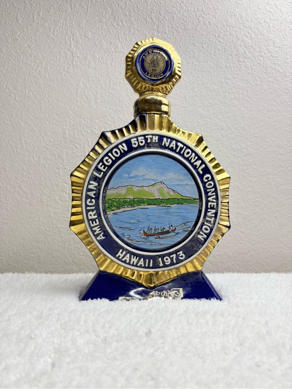 Vintage 1973 Ezra Brooks Whiskey Decanter Produced for the 55th American Legion.